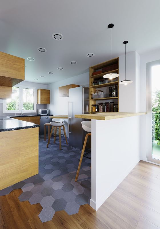 Cuisine ouverte en bois avec bar et sol en tomettes hexagonales